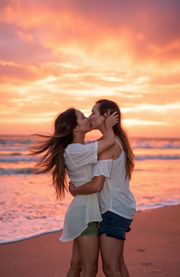 A romantic scene featuring a young couple passionately kissing under a beautiful sunset