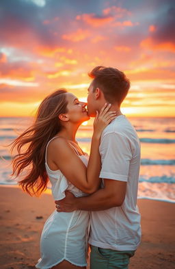 A romantic scene featuring a young couple passionately kissing under a beautiful sunset