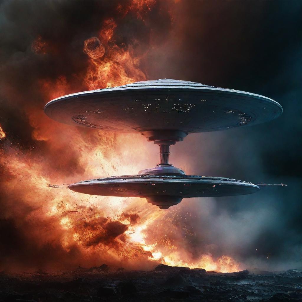 A dramatic scene portraying the USS Enterprise, the legendary starship from Star Trek, amidst a cinematic, non-violent explosion