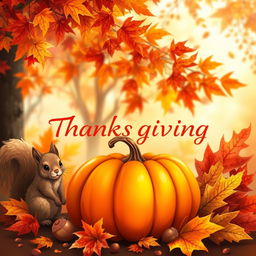A beautifully detailed illustration for Thanksgiving, featuring a bright orange pumpkin at the forefront, surrounded by a variety of autumn leaves in rich hues of red, yellow, and gold