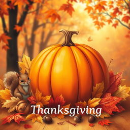 A beautifully detailed illustration for Thanksgiving, featuring a bright orange pumpkin at the forefront, surrounded by a variety of autumn leaves in rich hues of red, yellow, and gold