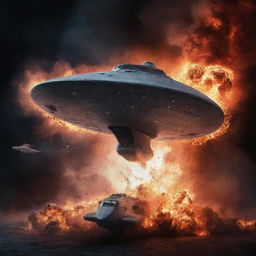 A dramatic scene portraying the USS Enterprise, the legendary starship from Star Trek, amidst a cinematic, non-violent explosion