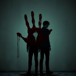 An atmospheric zombie apocalypse themed cover with anime vibes, featuring a large bloody handprint smeared on a textured wall