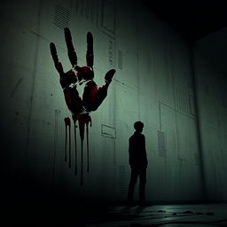An atmospheric zombie apocalypse themed cover with anime vibes, featuring a large bloody handprint smeared on a textured wall