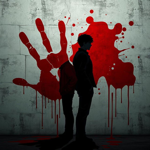 An atmospheric zombie apocalypse themed cover with anime vibes, featuring a large bloody handprint smeared on a textured wall