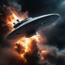 A dramatic scene portraying the USS Enterprise, the legendary starship from Star Trek, amidst a cinematic, non-violent explosion