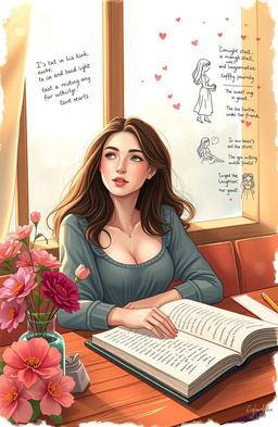 A young woman sitting at a cozy café, gazing out the window with a dreamy expression, surrounded by colorful flowers and soft sunlight
