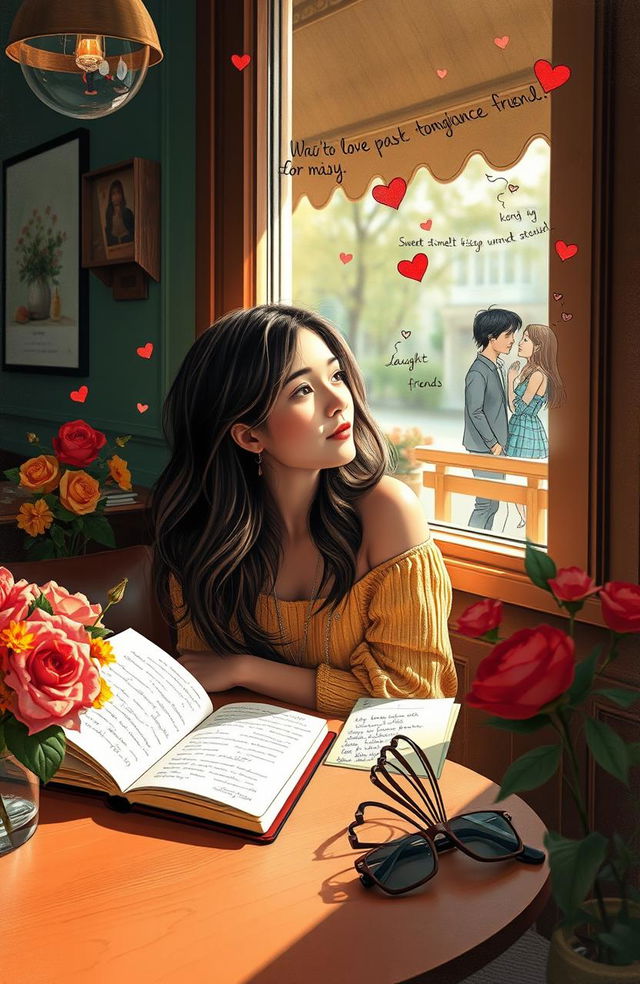 A young woman sitting at a cozy café, gazing out the window with a dreamy expression, surrounded by colorful flowers and soft sunlight