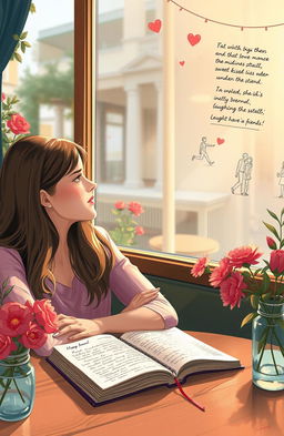 A young woman sitting at a cozy café, gazing out the window with a dreamy expression, surrounded by colorful flowers and soft sunlight