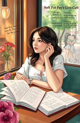 A young woman sitting at a cozy café, gazing out the window with a dreamy expression, surrounded by colorful flowers and soft sunlight