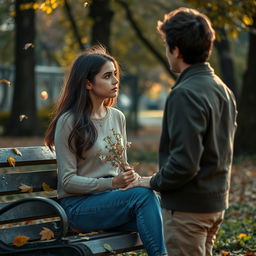 A young woman sitting on a park bench, her expression contemplative and filled with emotion, as she holds a delicate bouquet of wildflowers