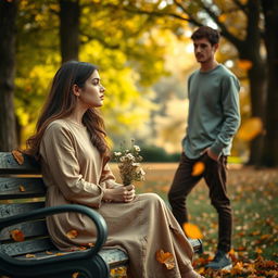 A young woman sitting on a park bench, her expression contemplative and filled with emotion, as she holds a delicate bouquet of wildflowers