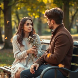 A young woman sitting on a park bench, her expression contemplative and filled with emotion, as she holds a delicate bouquet of wildflowers