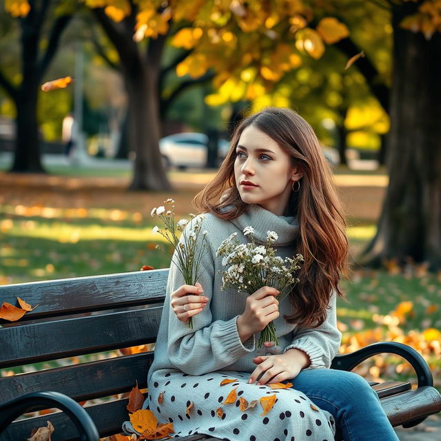 A young woman sitting on a park bench, her expression contemplative and filled with emotion, as she holds a delicate bouquet of wildflowers