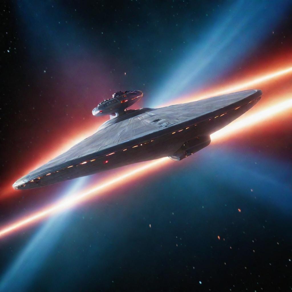 A dynamic image of the USS Enterprise, the classic starship from Star Trek, firing its phaser beams