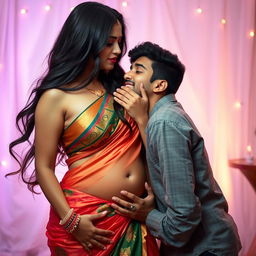 A seductive 35-year-old Indian woman wearing a colorful saree that elegantly showcases her silhouette, emphasizing her cleavage and navel