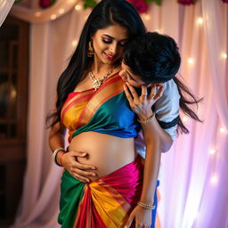 A seductive 35-year-old Indian woman wearing a colorful saree that elegantly showcases her silhouette, emphasizing her cleavage and navel