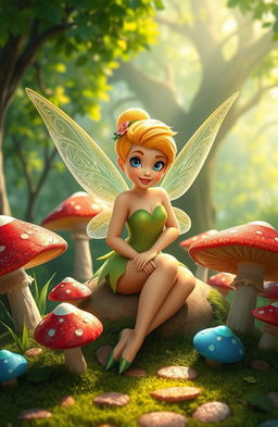 A beautifully redesigned Tinkerbell, sitting gracefully among oversized, colorful mushrooms, evoking a whimsical atmosphere