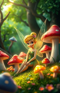 A beautifully redesigned Tinkerbell, sitting gracefully among oversized, colorful mushrooms, evoking a whimsical atmosphere