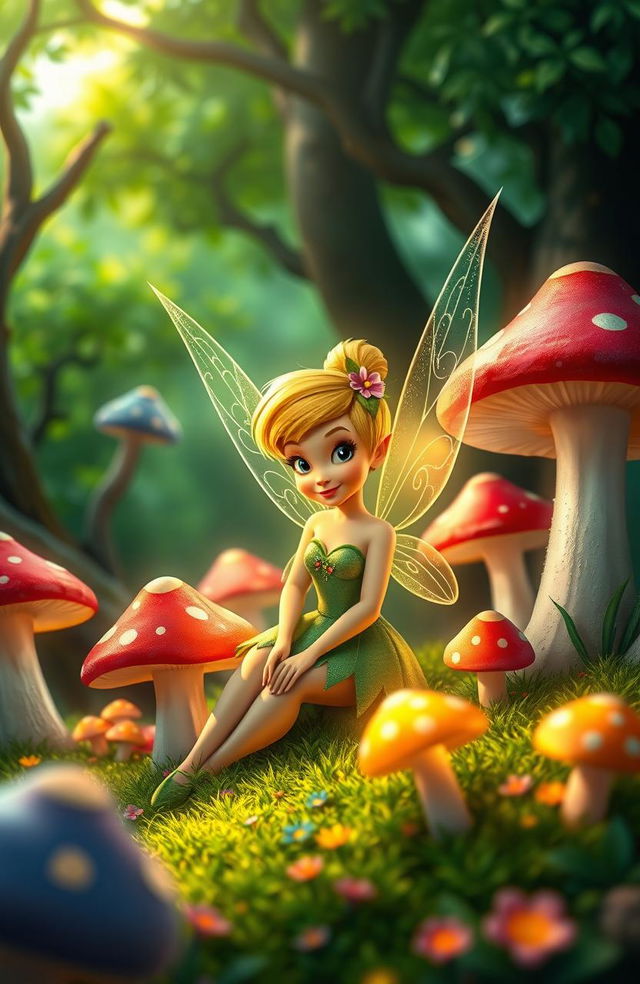 A beautifully redesigned Tinkerbell, sitting gracefully among oversized, colorful mushrooms, evoking a whimsical atmosphere