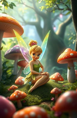 A beautifully redesigned Tinkerbell, sitting gracefully among oversized, colorful mushrooms, evoking a whimsical atmosphere
