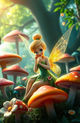 A beautifully redesigned Tinkerbell, sitting gracefully among oversized, colorful mushrooms, evoking a whimsical atmosphere