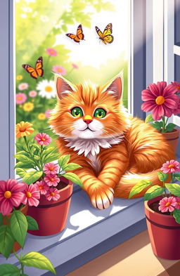 A whimsical and playful scene featuring a fluffy orange tabby cat with bright green eyes, lounging lazily on a sunny windowsill surrounded by vibrant potted plants