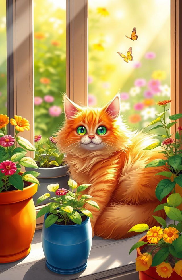 A whimsical and playful scene featuring a fluffy orange tabby cat with bright green eyes, lounging lazily on a sunny windowsill surrounded by vibrant potted plants