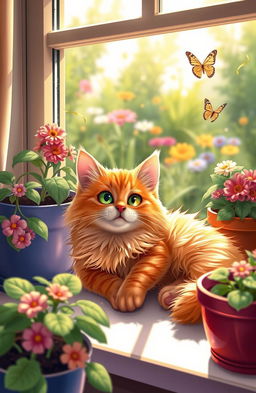 A whimsical and playful scene featuring a fluffy orange tabby cat with bright green eyes, lounging lazily on a sunny windowsill surrounded by vibrant potted plants