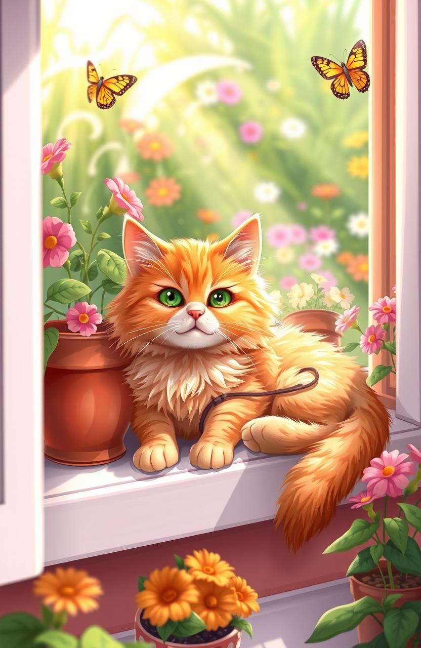 A whimsical and playful scene featuring a fluffy orange tabby cat with bright green eyes, lounging lazily on a sunny windowsill surrounded by vibrant potted plants