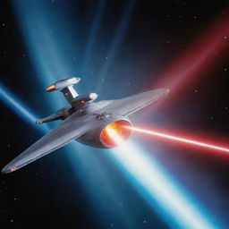 A dynamic image of the USS Enterprise, the classic starship from Star Trek, firing its phaser beams