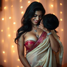 A captivating scene featuring a 35-year-old hot Indian woman wearing a beautifully draped saree, showcasing her cleavage and navel, exuding confidence and allure