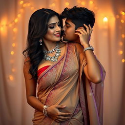 A captivating scene featuring a 35-year-old hot Indian woman wearing a beautifully draped saree, showcasing her cleavage and navel, exuding confidence and allure