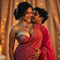 A captivating scene featuring a 35-year-old hot Indian woman wearing a beautifully draped saree, showcasing her cleavage and navel, exuding confidence and allure