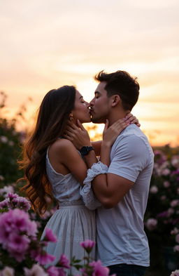 A romantic scene of a couple in a tender kiss under a soft sunset sky, surrounded by blooming flowers