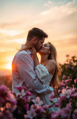 A romantic scene of a couple in a tender kiss under a soft sunset sky, surrounded by blooming flowers