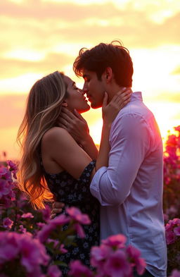 A romantic scene of a couple in a tender kiss under a soft sunset sky, surrounded by blooming flowers