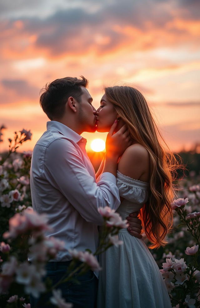 A romantic scene of a couple in a tender kiss under a soft sunset sky, surrounded by blooming flowers