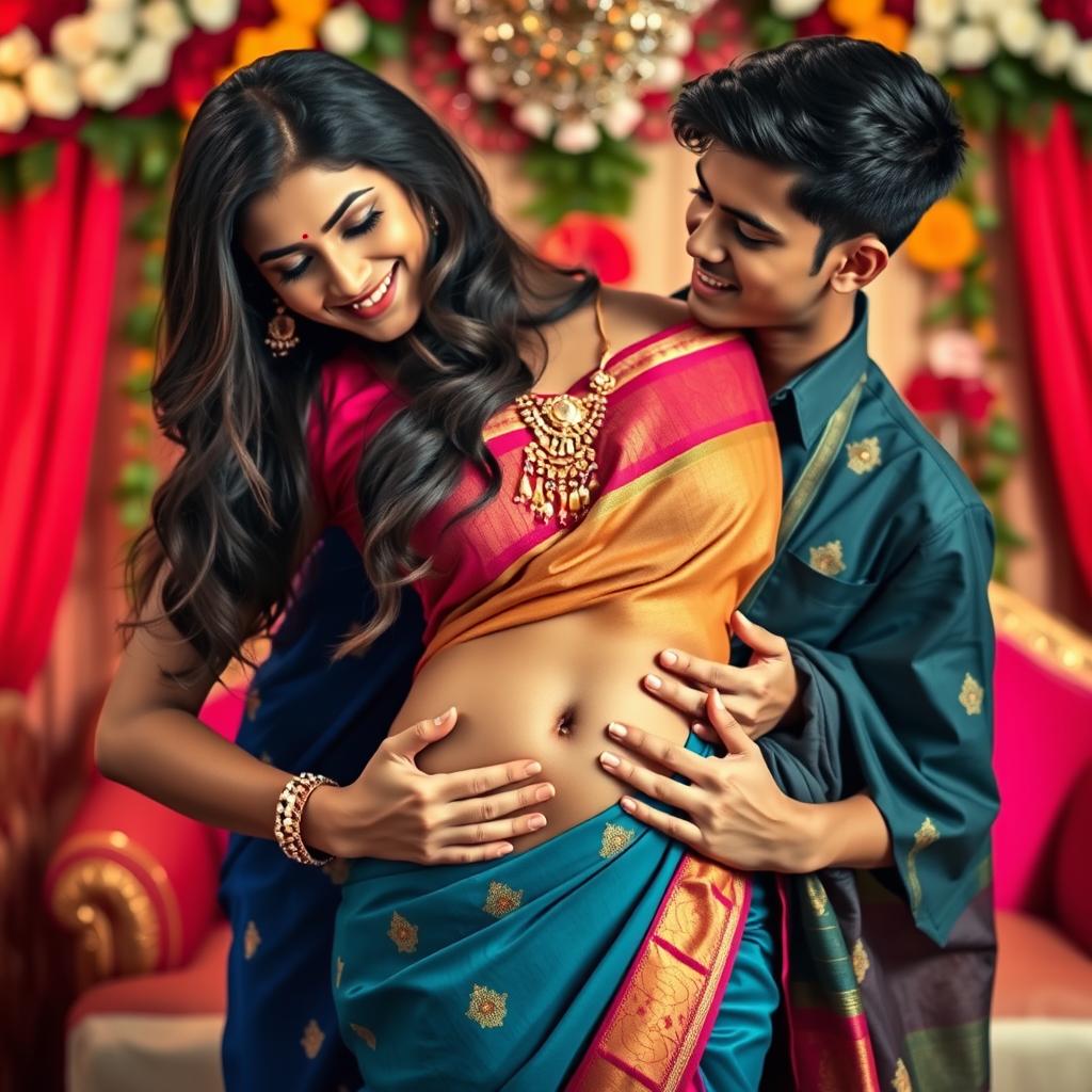 A stunning 35-year-old Indian woman in a vibrant saree that elegantly showcases her cleavage and navel, exuding a seductive charm