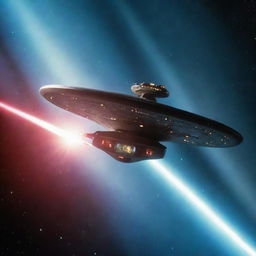 A dynamic image of the USS Enterprise, the classic starship from Star Trek, firing its phaser beams