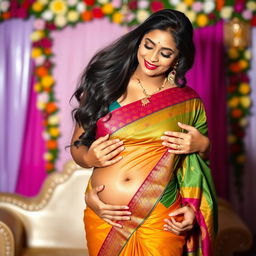 A stunning 35-year-old Indian woman in a vibrant saree that elegantly showcases her cleavage and navel, exuding a seductive charm