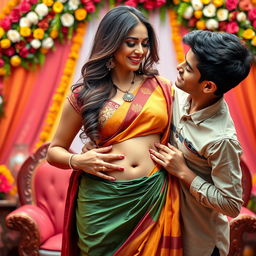 A stunning 35-year-old Indian woman in a vibrant saree that elegantly showcases her cleavage and navel, exuding a seductive charm