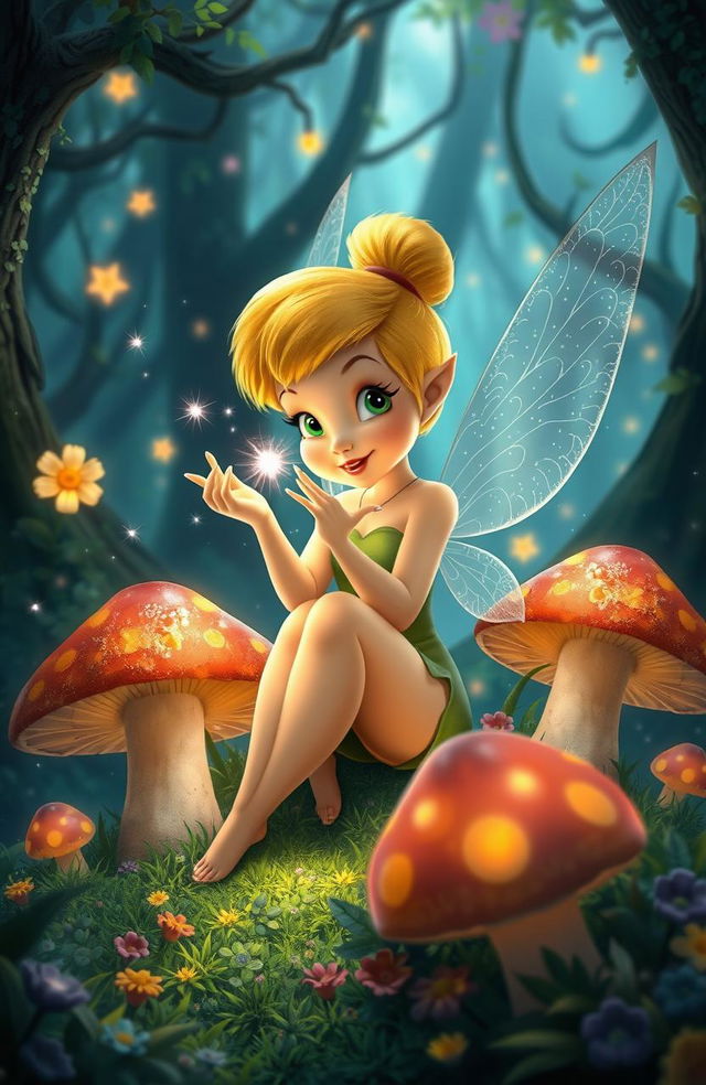 A unique design of Tinkerbell, with sparkling magic emanating from her hands, sitting gracefully among large mushrooms