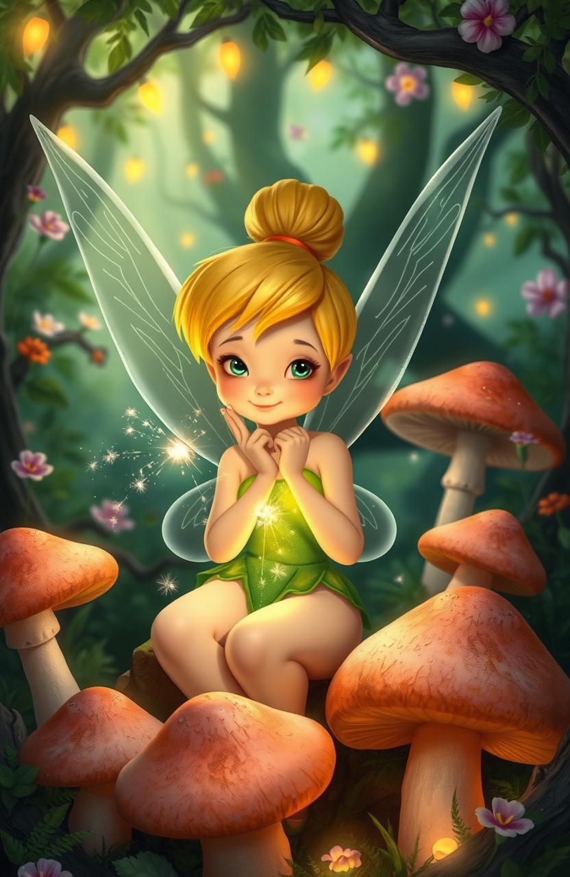 A unique design of Tinkerbell, with sparkling magic emanating from her hands, sitting gracefully among large mushrooms