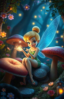 A unique design of Tinkerbell, with sparkling magic emanating from her hands, sitting gracefully among large mushrooms
