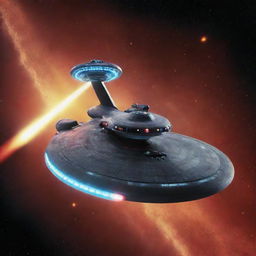 A dynamic image of the USS Enterprise, the classic starship from Star Trek, firing its phaser beams