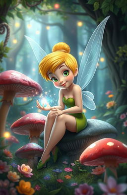 A unique design of Tinkerbell, with sparkling magic emanating from her hands, sitting gracefully among large mushrooms
