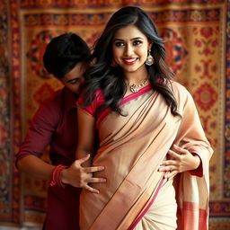 A captivating 35-year-old Indian woman in an elegant saree that beautifully highlights her navel, exuding an alluring charm