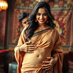 A captivating 35-year-old Indian woman in an elegant saree that beautifully highlights her navel, exuding an alluring charm