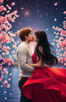 A romantic scene of a loving couple deeply engaged in a kiss under a starry night sky